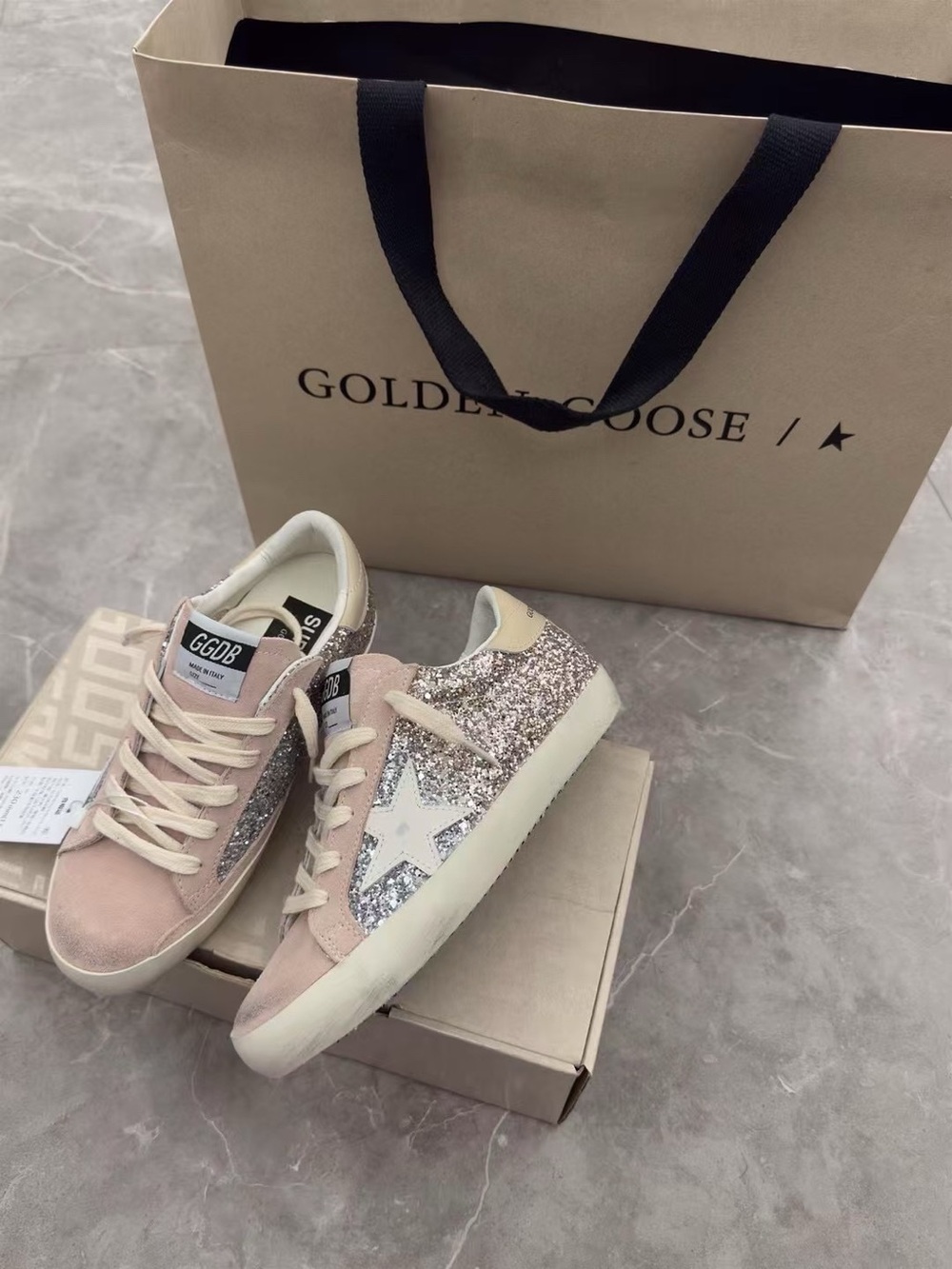 Golden Goose Blush Pink Suede Sneakers with Silver Glitter Star - Picture 5 of 10